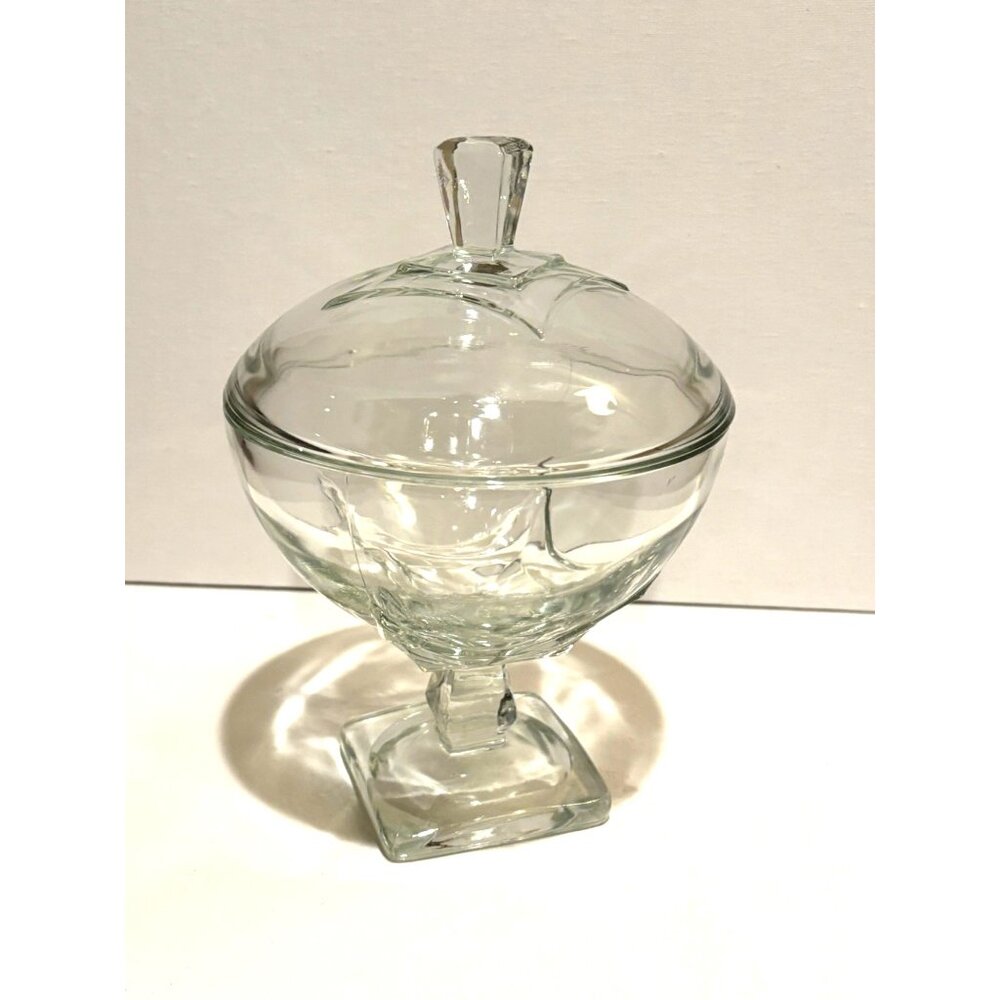 Vintage‎ EAPG Clear Glass Covered Compote Square Base Diamond